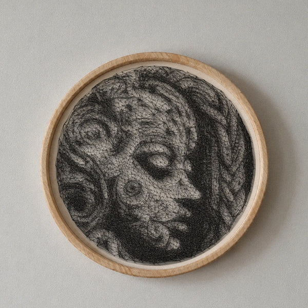 Cybernetic surrealist woman string art portrait featuring 2,257 nails and 9,977 thread connections on a 55 cm circular wooden board