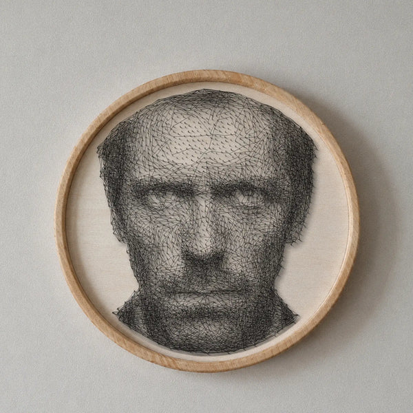 Dr House string art portrait featuring 1,837 nails and 4,323 thread connections on a 55 cm circular wooden board
