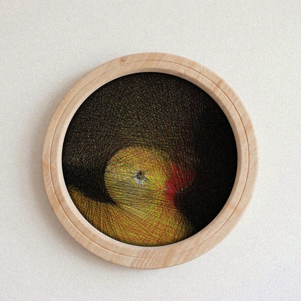 A circular framed string art piece featuring a yellow and red apple design on a black mesh background, set in a light natural wood frame against a textured off-white wall.
