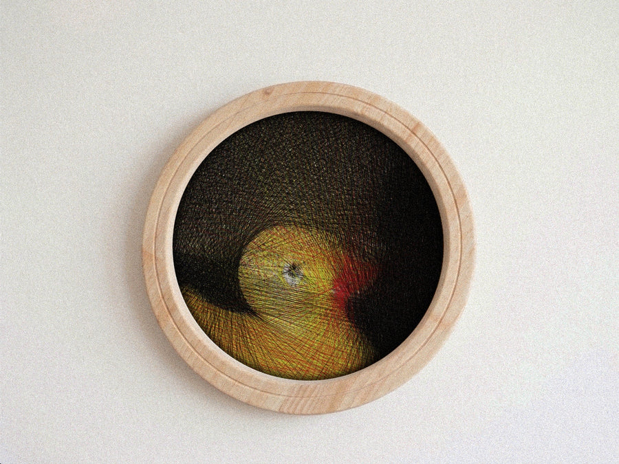 A circular framed string art piece featuring a yellow and red apple design on a black mesh background, set in a light natural wood frame against a textured off-white wall.